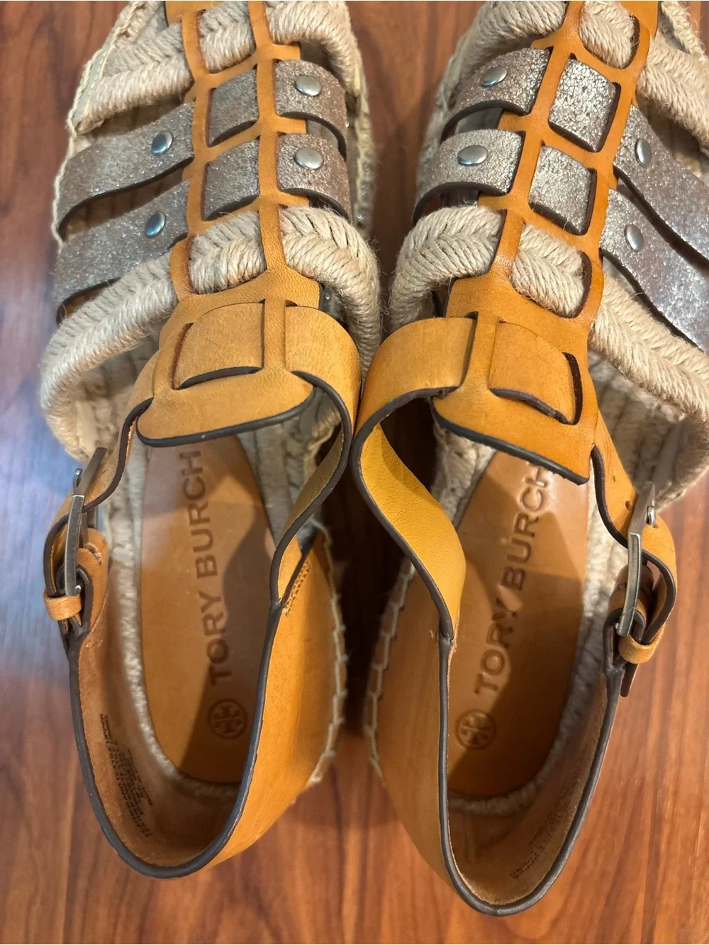Tory Burch Fisherman Leather Espadrille Platform Sandals Metallic Womens 7